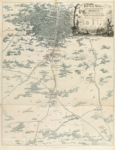 Plan der Schlachten von Ligny, Quatre Bras & Waterloo, gekämpft am 16. und 18. Juni 1815 von den alliierten Armeen unter dem Kommando des Herzogs von Wellington und Marschall Prinz Blücher, aus 